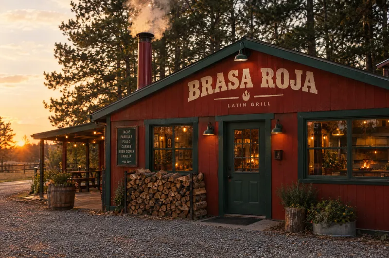 The red-painted Brasa Roja building at golden hour, wood smoke rising from a red chimney, split oak stacked by the door