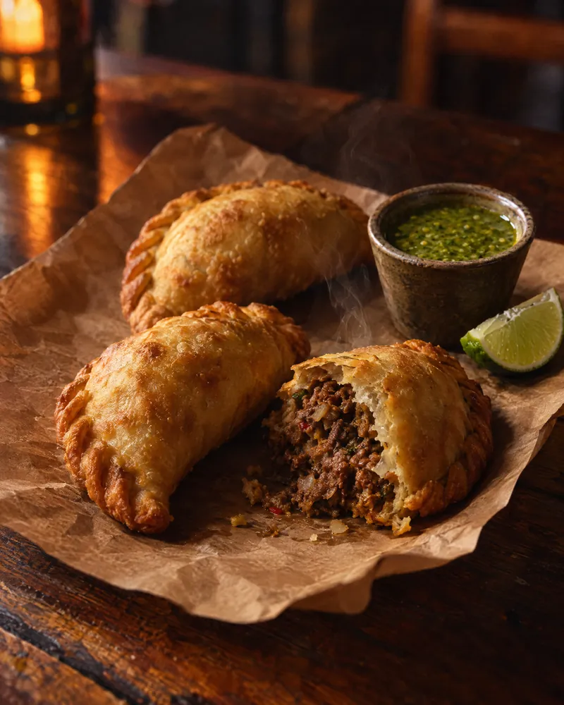 Three golden crimped empanadas on butcher paper, one broken open to show beef filling, with ají verde and lime