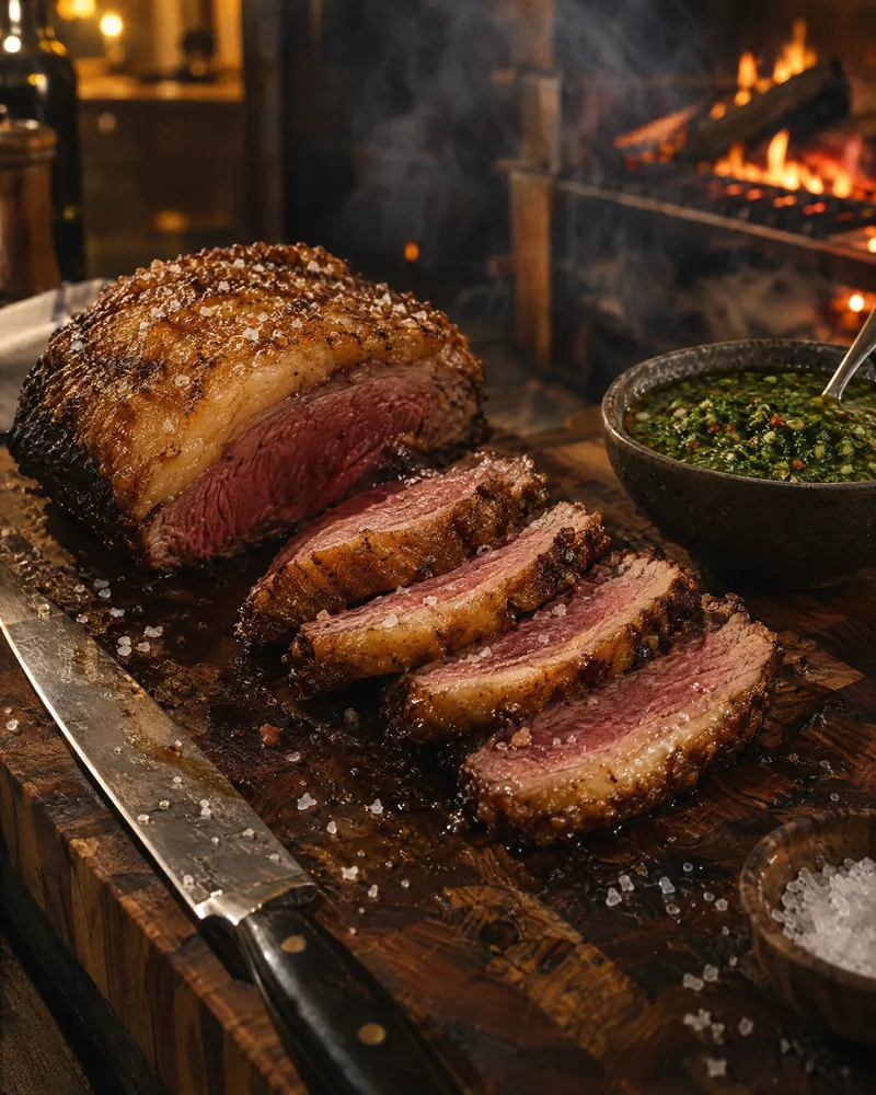 Salt-crusted picanha sliced pink on a cutting board beside a bowl of green chimichurri