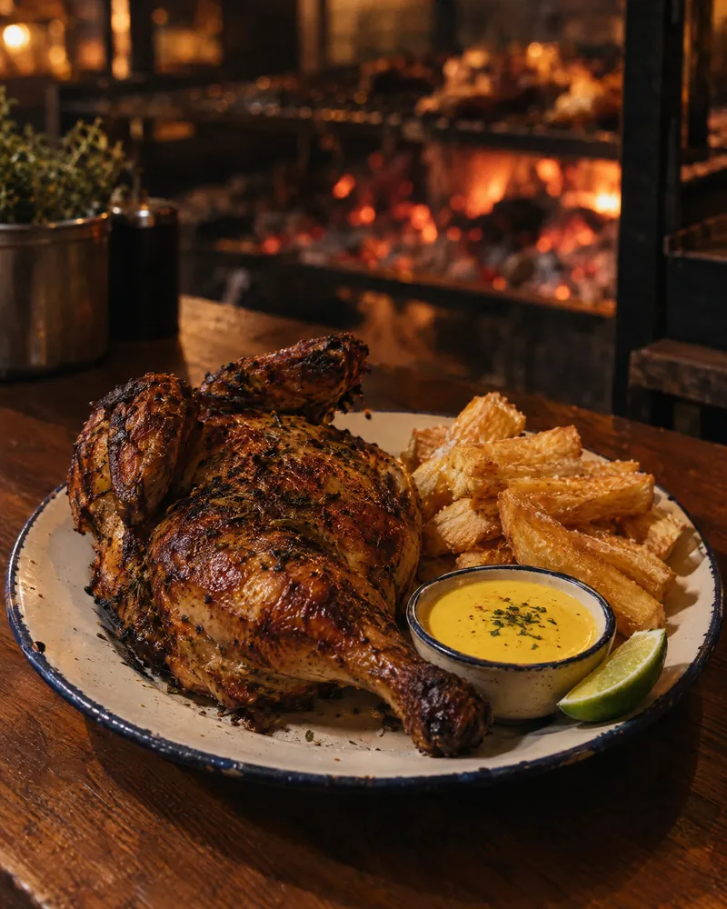 Half chicken with crackling, char-flecked skin on an enamel plate with yuca fries, lime and yellow huancaína sauce