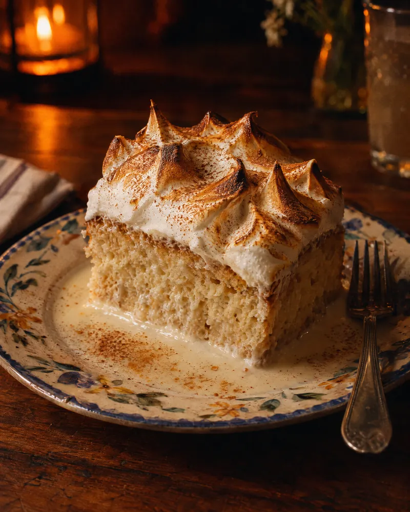 A slice of tres leches cake with torched meringue peaks and cinnamon on a hand-painted plate