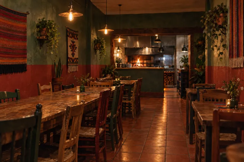 Empty dining room with long wooden family tables, red and green painted walls hung with woven textiles and plants, pendant lights, and the wood fire glowing through the kitchen pass